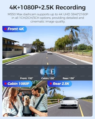 AZDOME M550 Max 4K 3 Channel Dash Cam, Dual STARVIS Sensors, 4K+2.5K+1080P Front and Rear Inside Triple Car Camera, Built-in WiFi GPS, 64GB Card Included, IR Night Vision, Ride Share Accessories - Thumbnail 2