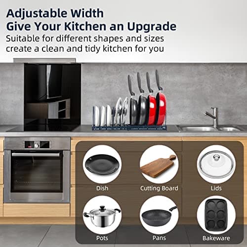 ROOHUA Expandable Pot and Pan Organizer - Cabinet Pot Lid Holder with 10 Adjustable Compartments for Cookware, Baking, Frying (Dark Blue, 10) - Thumbnail 5
