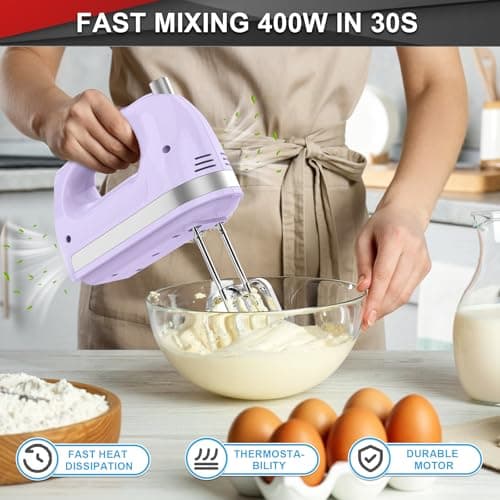 Lord Eagle Hand Mixer Electric Handheld 400W, 5-Speed Lightweight Kitchen Mixer with Storage Case, 5 Stainless Steel Attachments for Baking Cake Egg Cream Food Beater, Turbo+Eject Button, Purple - Thumbnail 4