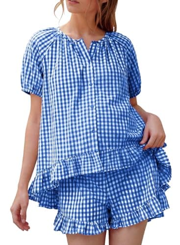 BLENCOT Maternity Pajamas Set Button Down Plaid Sleepwear Tops and Shorts 2 Piece Lounge Sets Pregnancy Clothes for Women Blue Small - Image 1