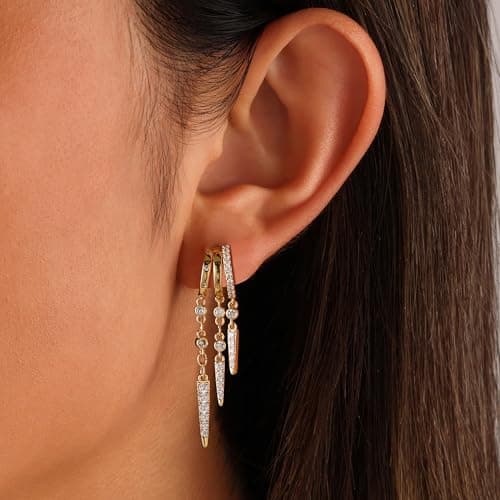 Gold Dangle Earrings for Women, 14k Gold Plated Statement Triple Hoop Illusion Drop Earrings Cubic Zirconia Huggie Earrings for Women Trendy - Thumbnail 3