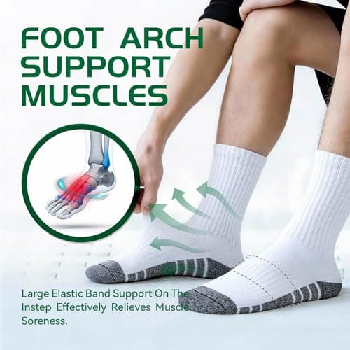 Crew Socks for Men, Mens White Socks Athletic Feetures Cushioned with Arch Support Cotton Running Hiking Essentials Moisture,1-Pairs Premium Trial Pack - Thumbnail 5
