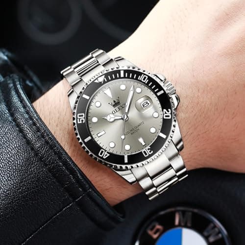 OLEVS Silver Luxury Men's Wrist Watches Analog with Day Date Grey Large Face Original Waterproof Stainless Steel Watches for Men Dress Quartz Watch - Thumbnail 4