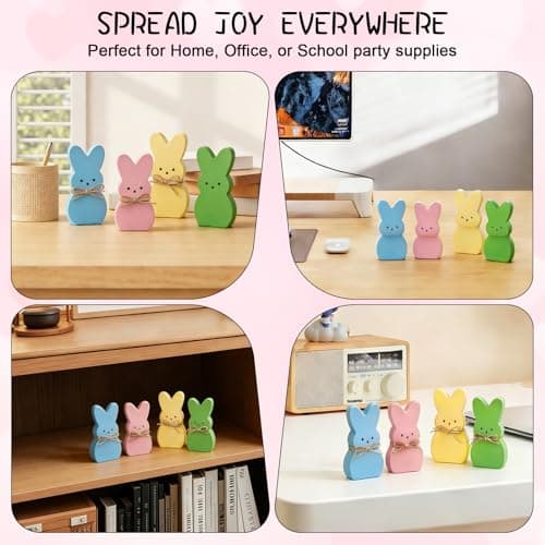 Easter Spring Decorations for Home – 4 Pcs Wooden Bunny Table Decor, Wood Rabbit Tabletop Signs with Jute Bows for Tiered Tray Mantel Shelf Office Easter Party Supplies - Thumbnail 4