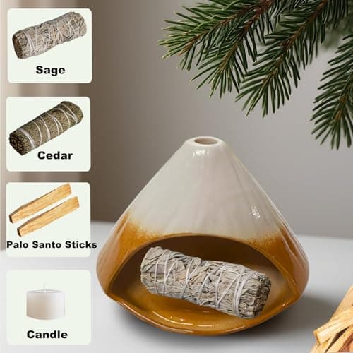 Ceramic Palo Santo Holder - Fuji Mountain Shape Incense Stick Burner, Heat-Resistant Ash Catcher for Yoga, Meditation & Aromatherapy, Zen Home Decor with Gift Box (Brown and White) - Thumbnail 3