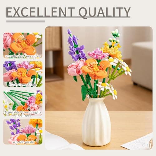 Huanger 15PCS Flower Bouquet Building Set, 523PCS Floral Blocks Toy for Kids - Thumbnail 2