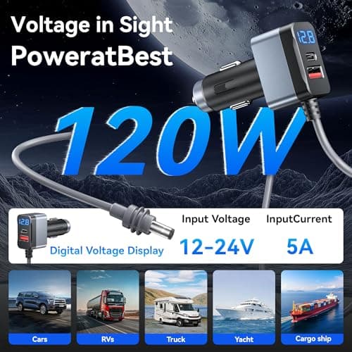 Starlink Mini Cable, 12V-24V Car Charger DC Power Cable+ Cigarette Lighter Adapter, LED Digital Display Durable Waterproof Cord 10FT/3M with USB C PD 30W and USB A Ports for Trucks and Car - Thumbnail 3