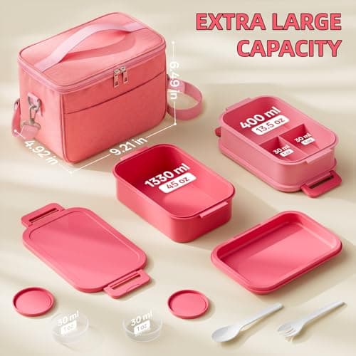 Bento Box Adult Lunch Box - 2130ml Lunch Box for Women with Insulated Lunch Bag, Utensils & Sauce Container, Leak Proof Bento Box for Girls, Reusable Plastic Lunch Container for Work, Meal Prep, Pink - Thumbnail 3