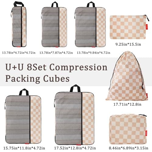 U+U 8 Set Compression Packing Cubes - Ultralight Travel Organizers with Laundry Bag and Cosmetic Bag, Space-Saving Suitcase Organizer for Travel, Business Trip and Family Vacation (Khaki Checkered) - Thumbnail 3