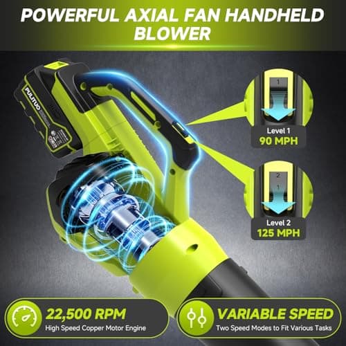 PULITUO Leaf Blower Cordless, 500CFM/ 125MPH Lightweight Cordless Blower with 2X 4.0 Batteries and Fast Charger, Variable Speed Battery Leaf Blowers for Lawn Care, Leaves, Grass, Patio, Yard - Thumbnail 5