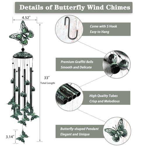 Wind Chimes for Outside, 33" Butterfly Wind Chimes Outdoor, Gifts for Women Mom Grandma Birthday, Gift for Garden Porch Patio Home Decor (Green) - Thumbnail 5