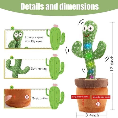 MIAODAM Dancing Cactus, Talking Kids Toys Repeats What You Say, Tummy Time Toy 120 Pcs Songs for Baby Singing Cactus Mimicking Toy Funny Toys - Thumbnail 2