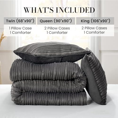 Amélie Home Luxury Flannel Fleece King Size Comforter Set,Soft Warm Striped Plush Bedding Set for Winter, 3 Pieces, 1 Cozy Comforter with 2 Pillowcases, Charcoal Gray, 106"x90" - Thumbnail 6