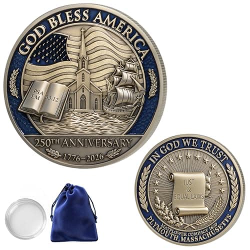 1PCS USA 250th Anniversary Commemorative Coin Religious Christian Faith-Based Gifts (1776-2026) God Bless America Patriotic Challenge Coin, Features Mayflower Compact & Declaration of Independence
