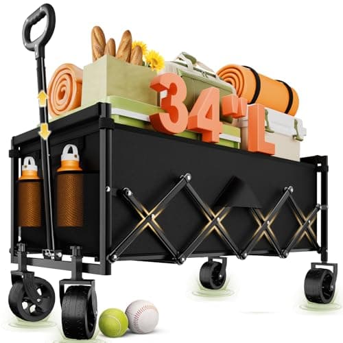 InBrave Extra Long Collapsible Wagon Cart, 480LBS Heavy Duty Utility Wagons with All-Terrain Wheels, Foldable Grocery Carts for Gardening, Shopping, Beach, Camping, Black - Image 1