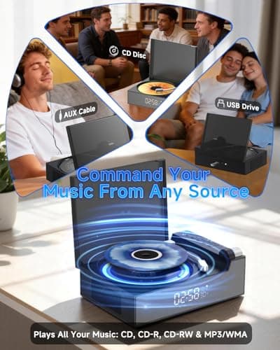 CD Player Portable with Bluetooth for Home Desktop, Dual Stereo Speakers, FM Radio, 3600Mah Battery, Remote Control & LED Display, MP3/WAV Retro Disc Player, Nostalgic Decor Gift, Support USB/AUX - Thumbnail 3