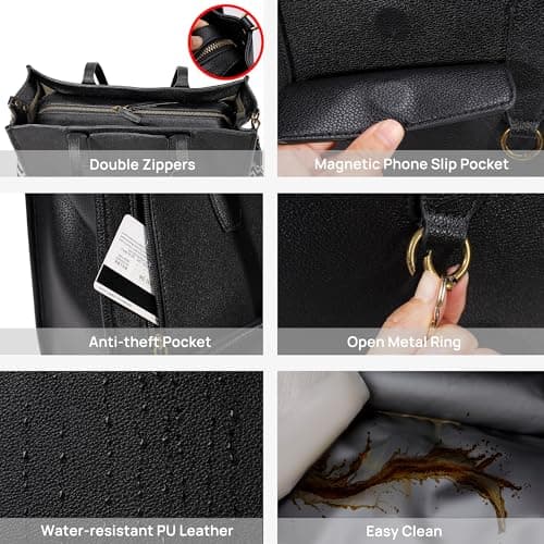 buyborgood Women’s Large leather Work Tote Bag with 14" Laptop Compartment Insulated Lunch Box, Black - Thumbnail 6