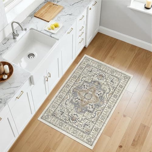 EiniHliw Washable Entryway Runner Rug - 2x3 Kitchen Rug Distressed Low Pile Mats Non Slip Soft Rugs for Dining Room with Rubber Backing Bedroom Runner with Vintage Design (Beige/Blue 2x3) - Thumbnail 5