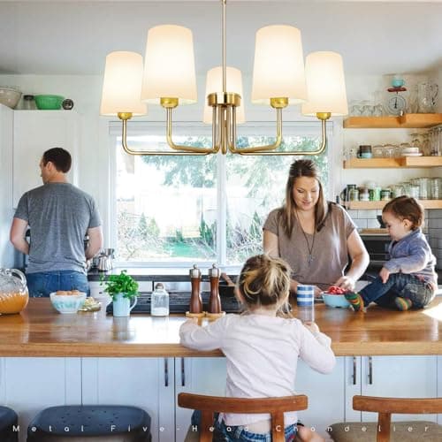 Tadpole Jump Farmhouse Chandelier 5 Lights Chandeliers for Dining Room with White Fabric Shade Rustic Gold Dining Room Light Fixture for Kitchen Bedroom Living Room - Thumbnail 6