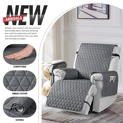 TAOCOCO 100% Waterproof Recliner Chair Covers, Non Slip Recliner Covers that Stay in Place, One-Piece Washable Reclining Chair Cover with Elastic Straps, Dark Gray, Fits 30" Seat Width - Thumbnail 6