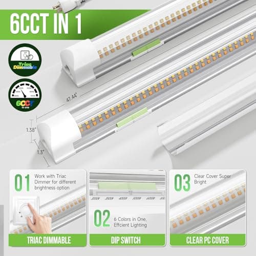 Zi-ZOHNSON 6 Pack Dimmable 4 Foot Led Shop Light,30W 4500LM 3000-6500K Tunable,T8 Integrated LED Tube Light,Clear Cover Linkable Shop Lights for Workshop,Garage,Basement,Supermarket,Barn - Thumbnail 2