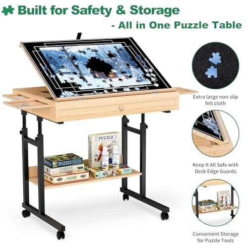 QDKGH Wooden Puzzle Table with Drawers, 1500 Piece Puzzles for Adults & Puzzle Enthusiasts with Adjustable Height & Tilt, Felt Surface, Metal Stand with Lockable Wheels, Puzzle Storage Box and Cover - Thumbnail 4