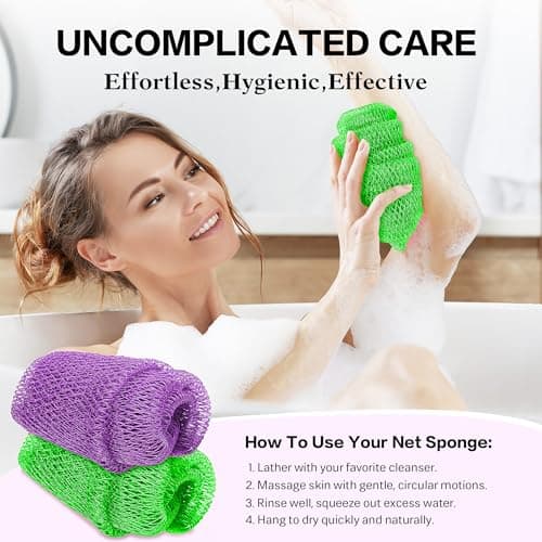 UJFQBH Authentic African Net Sponge - 2 Pcs Natural Exfoliating Net Scrubber, Gentle for Sensitive Skin, Deep Clean Body, Back & Legs, Fast Drying & Odor-Free（Green & Purple） - Thumbnail 3
