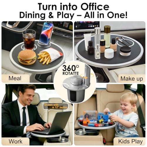 Car Food Tray & Car Table Tray with Car-Grade Aluminum Cup Holder & Phone Stand, Premium Wood with Leather Surface, 360° Rotating Car Desk for Laptop &Eating (Round, Black) - Thumbnail 6