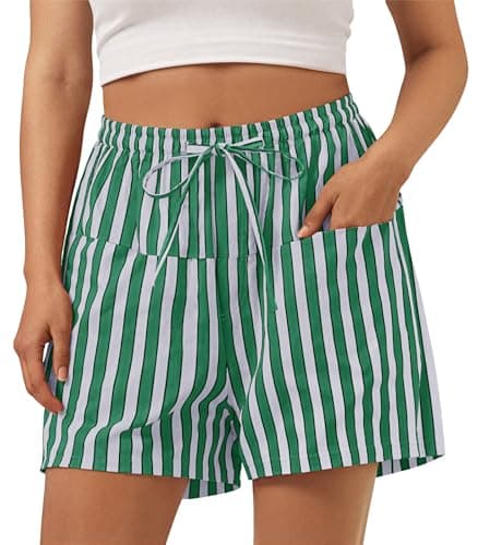 Aoysky Womens Striped Lounge Shorts High Waisted Drawstring Casual Summer Shorts Color Block Beach Bottoms with Pockets Green - Image 1