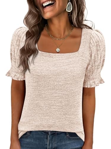 ANRABESS Womens Tops Summer Sweaters Dressy Casual Work Blouses Square Neck Ruffle Short Sleeve Tee Shirts 2026 Fashion Tunic Parchment Large - Image 1