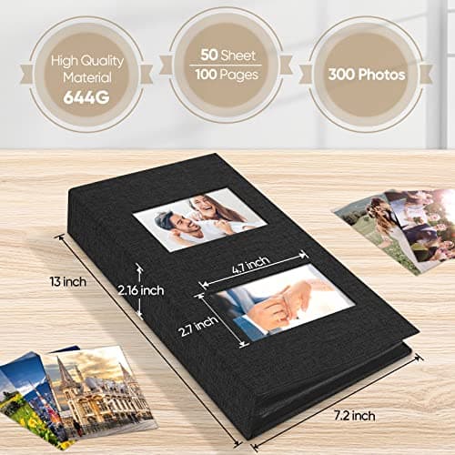 MSTONAL Photo Album 4x6 300 Pockets for Wedding Gifts, Linen Hardcover Memory Book with Front Window for Family Anniversary School Baby Travel Pictures Holds 300 Horizontal Photos, Black - Thumbnail 2