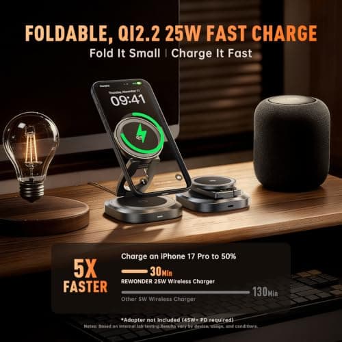 REWONDER Qi2.2 25W Magnetic 3-in-1 Wireless Charger, Foldable Aluminum Charging Stand for iPhone 17/16/15, Pixel, Apple Watch & AirPods, Strong Magnet Stable Base,Travel Charger (Adapter Not Included) - Thumbnail 2