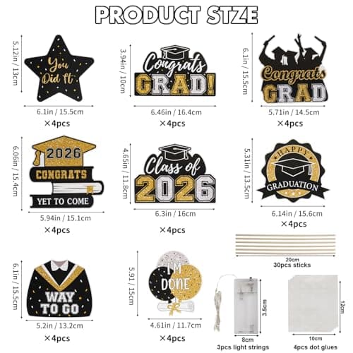 Graduation Decorations 2026 Graduation Party Decorations 32Pcs Black Gold Grad Table Centerpiece Sticks with String Lights for College High School Congrats Grad Party Decor Photo Props - Thumbnail 3