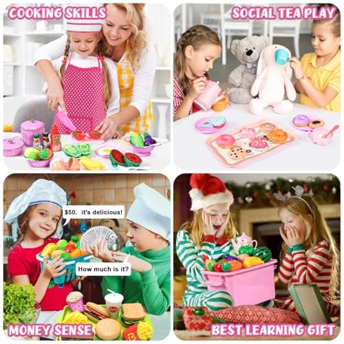 121Pcs Play Kitchen Accessories, Kids Kitchen Playset, Pretend Play Food Tea Party Set, Toy Kitchen Kids Cooking Real with Apron＆Chef Hat, Utensils Cookware Pots＆Pans, Toy Organizer, Toddler Toys Gift - Thumbnail 2