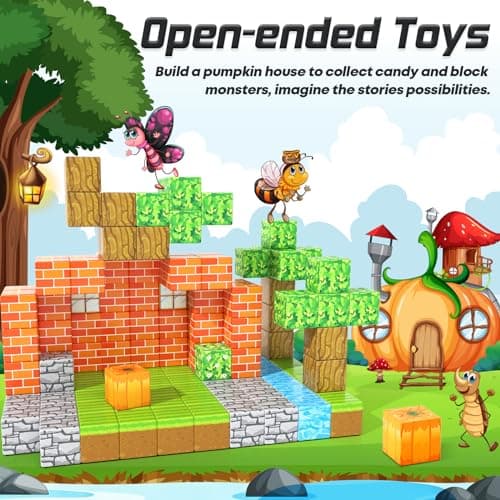 150PCS Magnetic Blocks-Build Mine Magnet World Pumpkin Edition Kids Building Outdoor Toys for 3 4 5 6 7 Years Old Boys Girls, Magnetic STEM Toddler Construction Toys for Halloween Birthday Gifts - Thumbnail 3