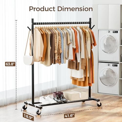 Clothes Rack, Clothing Rack for Hanging Clothes Load 280LBS, Rolling Garment Rack, Portable Coat Rack Freestanding Clothes Rack with Wheels Wardrobe Rack Easy Assembly for Bedroom Living Room, Black - Thumbnail 6