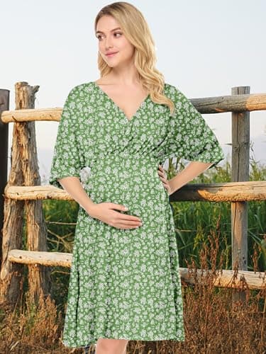 Nursing Dress for Women Breastfeeding Dresses - Maternity Nursing Dress V Neck Flowy Boho Floral Vacation Dress Green - Thumbnail 4