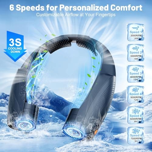 Slientspin AI Portable Neck Fan with 6 Powerful Speeds, 8000mAh Battery Operated USB-C Rechargeable Fan, Hands-Free 360° Cooling Neck Fan,Twistable,Ultra-Quiet Personal Fan Gift for Women Men(Blue) - Thumbnail 4