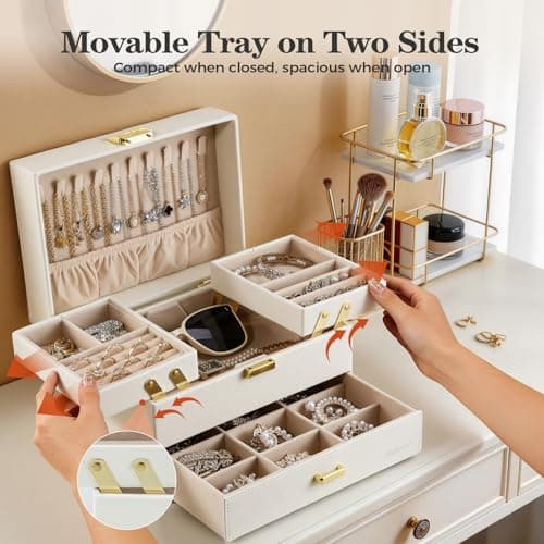 Dajasan Jewelry Organizer Box, Large Jewelry Boxes for Women Girls, Compact 3 Layers Jewelry Storage Case with Drawer, Movable Metal Stand, Modern, Gift Idea (Cloud White + Gold) - Thumbnail 2