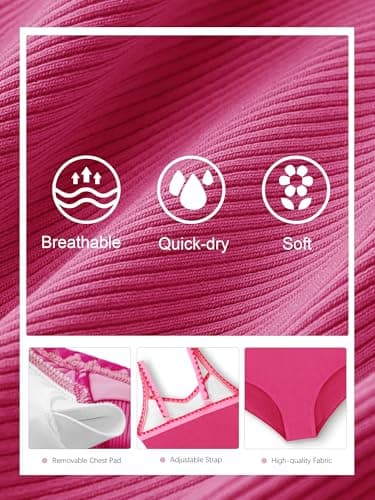 AMAWMW Girls One Piece Swimsuit Ribbed Bowknot Bathing Suit Summer Beach Swimwear Swim Suit for 7-16 Years Girl, Hot Pink, 13-14 Years - Thumbnail 6