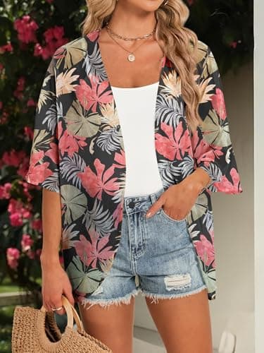 GKBK Women's Floral Print Puff 3/4 Sleeve Kimono Lightweight Cardigan Loose Cover Up Puff Short Sleeve Shawl Chiffon Casual Blouse Tops Black Coral M - Thumbnail 2