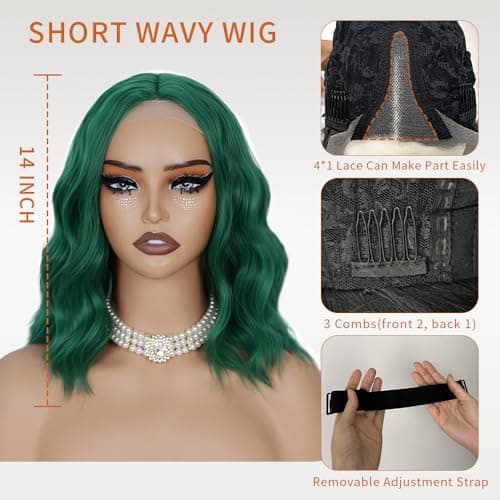 Uioxvn Green Short Curly Wavy Wig Synthetic Bob Style Natural Lace Hairline Heat Resistant Fiber Wigs for Women Glueless Crazy Looking Shoulder Length Middle Part Cosplay Party Use 14 Inch - Thumbnail 2