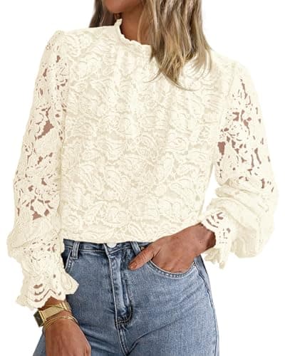 KIRUNDO Lace Tops for Women Dressy Causal 2026 Early Fall Fashion Ruffle Long Sleeve Mock Neck Blouses Shirts(Apricot, XX-Large) - Image 1