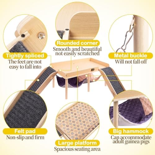 BESNEW Enlarged Guinea Pig Hammock with Platform and Stairs,Wooden Foldable Piggies Hideout for Guinea Pigs Bunny Ferret Hamster Hiding Sleeping Activities 24L x 12W x 11H in（Double） - Thumbnail 4