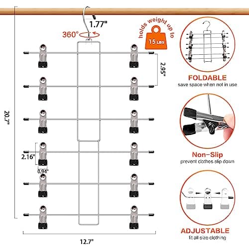 3 Pack Pants-Hangers-Space-Saving,6 Tier-Closet-Organizers-and-Storage Skirt Hangers with Clips,Closet-Organizer-Clothes-Organization-and-Storage Jeans Scarf Hangers,College-Dorm-Room-Essentials Decor - Thumbnail 6