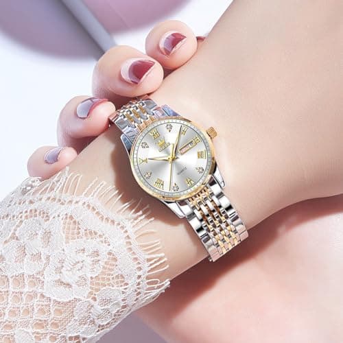 OLEVS Womens Watches Silver Gold Ladies Watches for Women Fashion Small Wrist Two Tone Female Watch with Date Elegant Stainless Steel Waterproof Diamond Dress Analog Quartz Bracelet Reloj para Mujer - Thumbnail 2