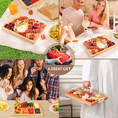 CAWIU Charcuterie Board with Lid and Handle - Portable Travel Design Bamboo Cheese Board Set with 4 Cheese Tools, Gift for Housewarming, Weddings, Picnics(8 Compartments, White) - Thumbnail 6