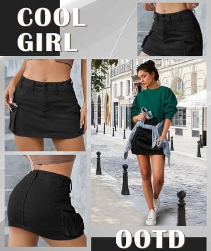 EARKOHA Women's Mini Cargo Skirt Y2K Button Low Waist Short Skirts Bodycon Denim Jean Skirt with Flap Pockets Black L - Thumbnail 5