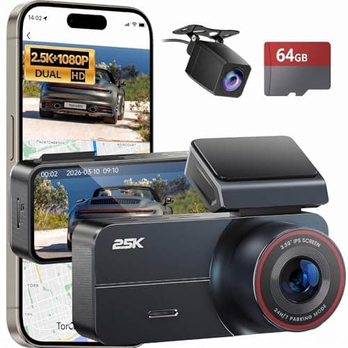 Yonvim Dash Cam 2.5K Front and Rear with 64GB Card, Car Dashboard Camera with WiFi GPS, 3.39" IPS Screen, WDR Night Vision, Loop Recording, G-Sensor, 160 Wide Angle - Easy Setup for Daily Commuters