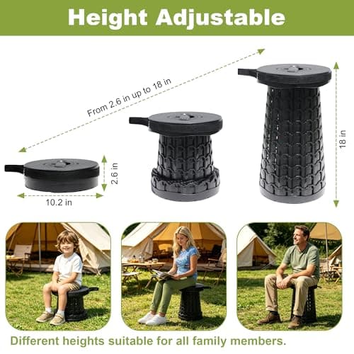 ALEVMOOM 2025 18" H Collapsible Stool with Cushion, Capacity 800lbs Portable Stools for Adults Heavy Duty, Adjustable Height Telescoping Folding Stool, for Outdoor Camping Travel Hiking Fishing - Thumbnail 2